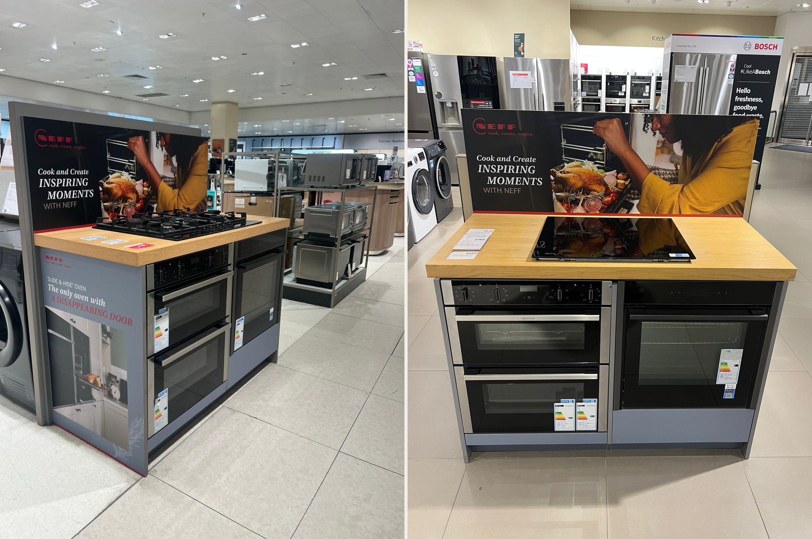 NEFF premium A-site cooking display at John Lewis featuring branded fascia panels, integrated appliance displays and the Slide and Hide oven range